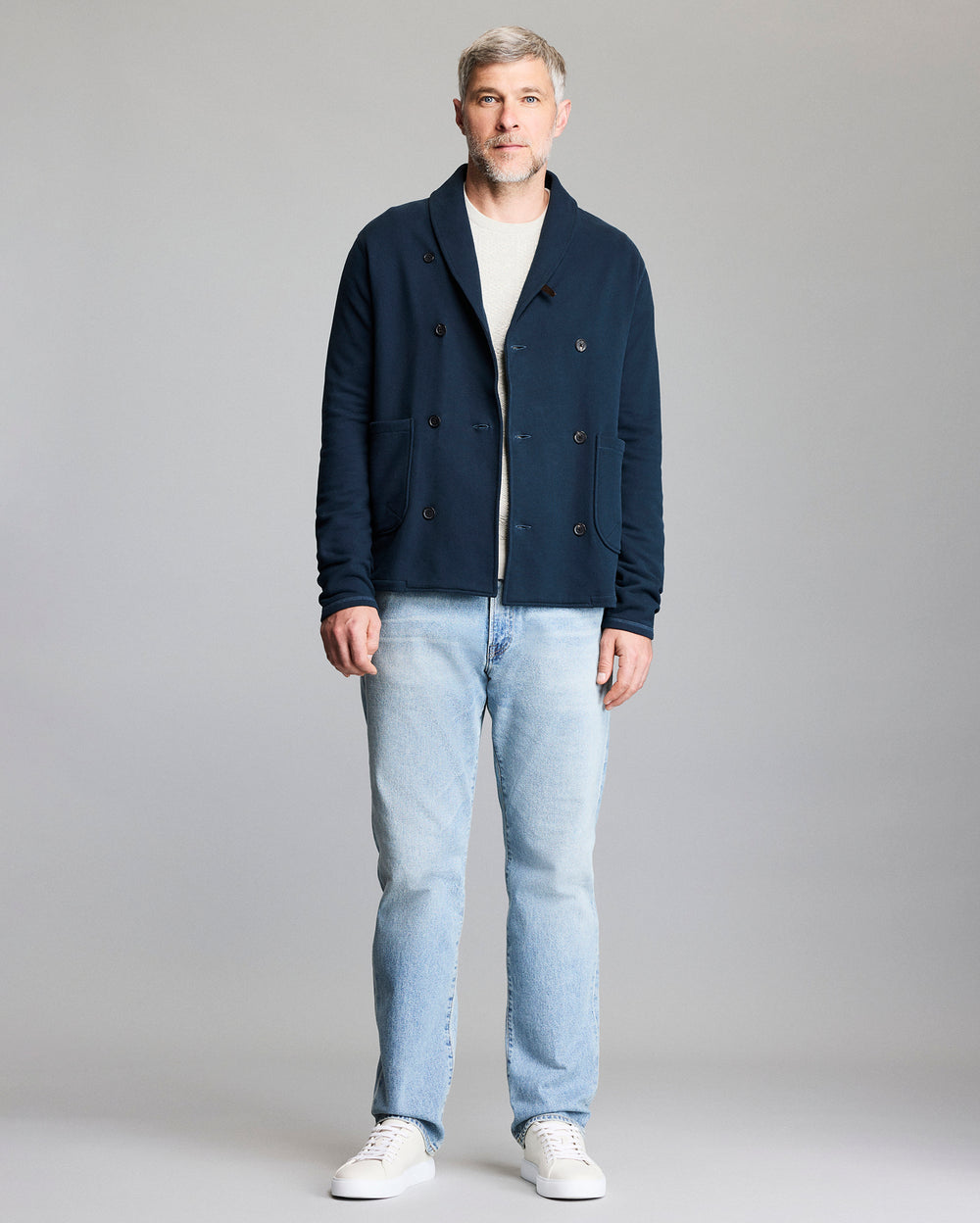 Model shows the fit of the cardigan