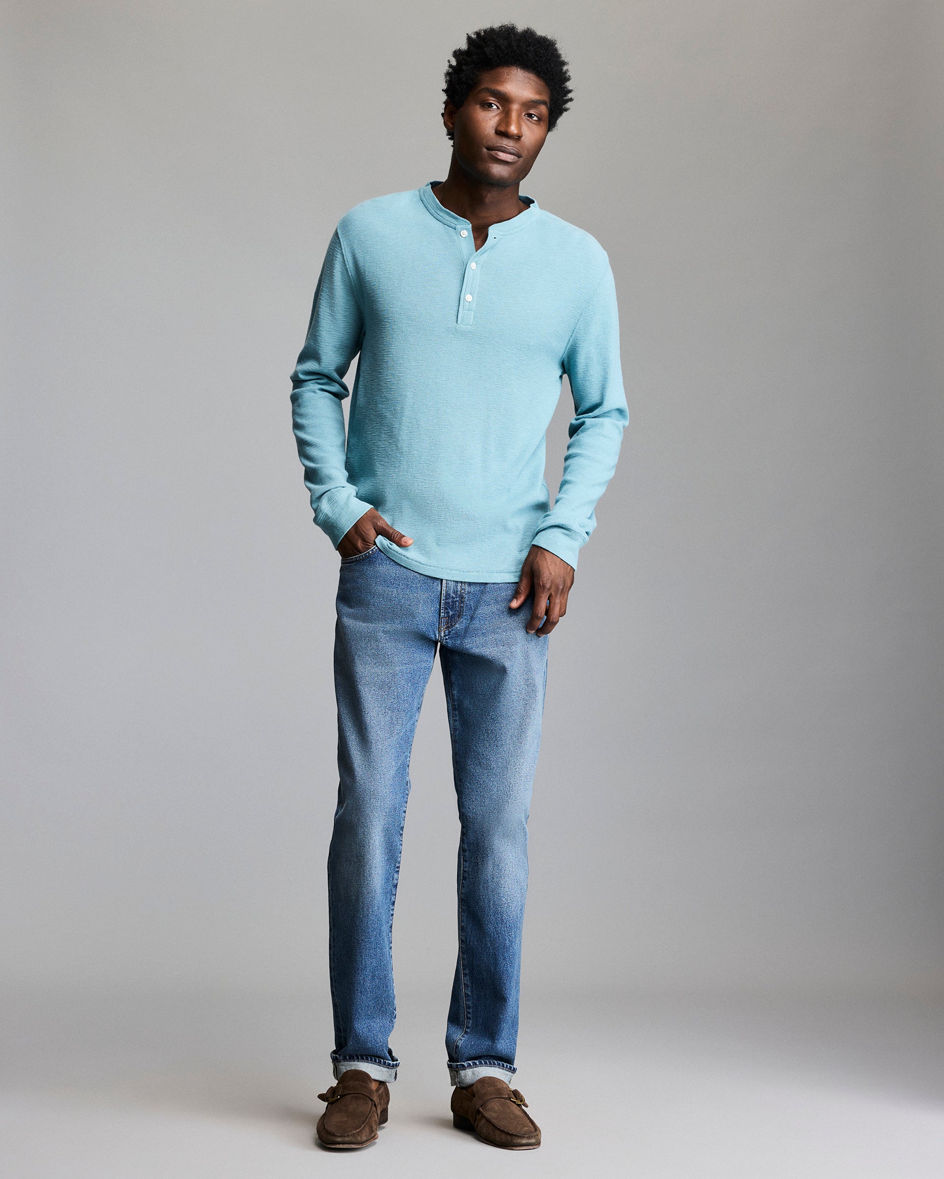 100% Cotton Slub Tuck Henley - Lichen Green | Billy Reid 100% Cotton Slub Tuck Henley - Lichen Green | Billy Reid