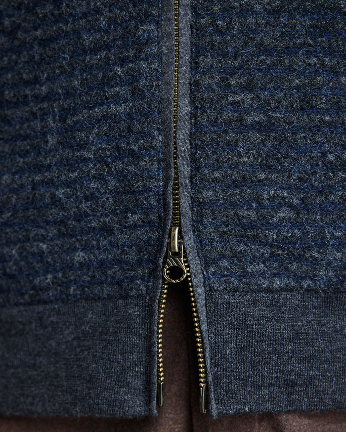 Close-up of a dark blue zip-up garment with a zipper detail.