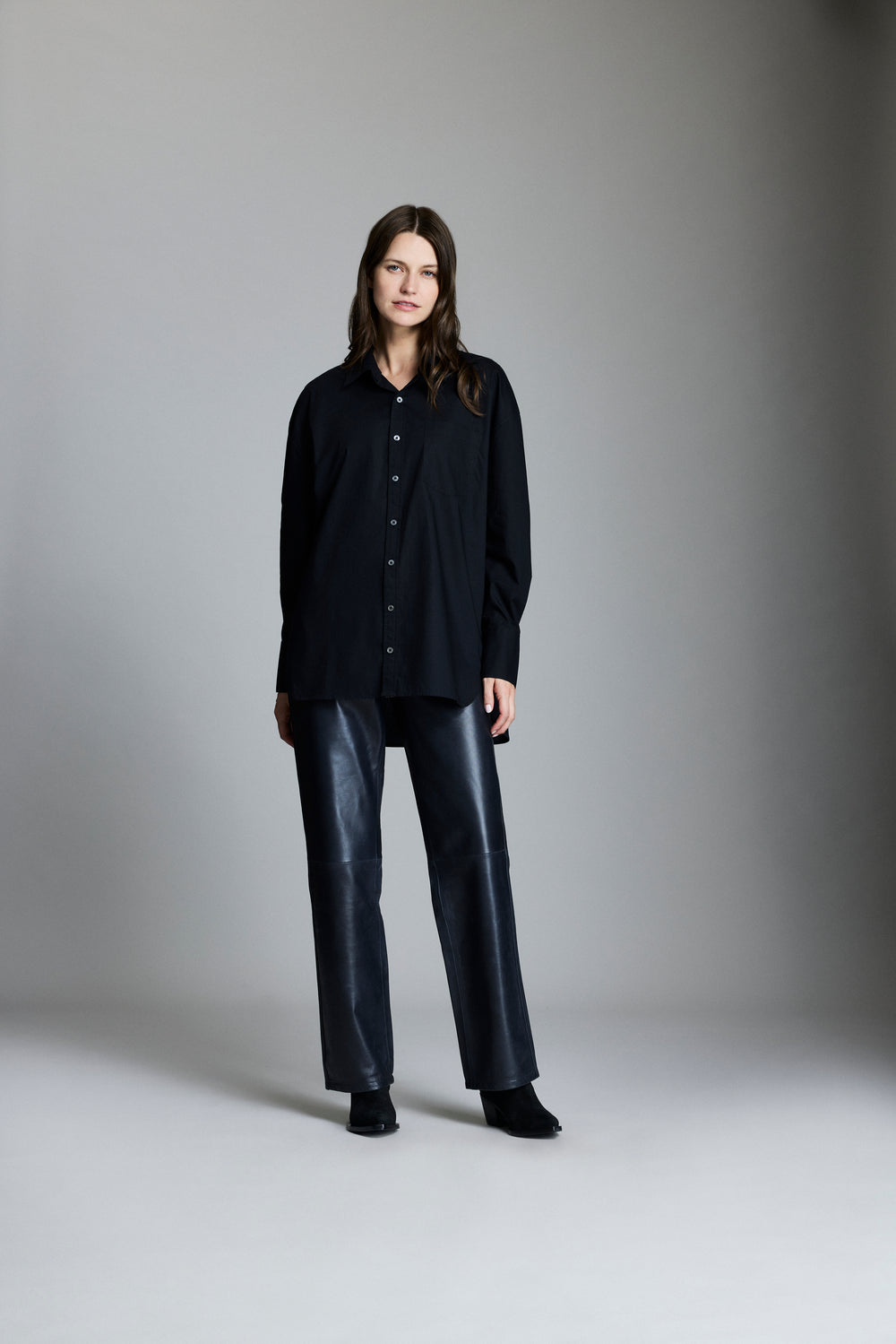 Model shows the fit of the shirt.