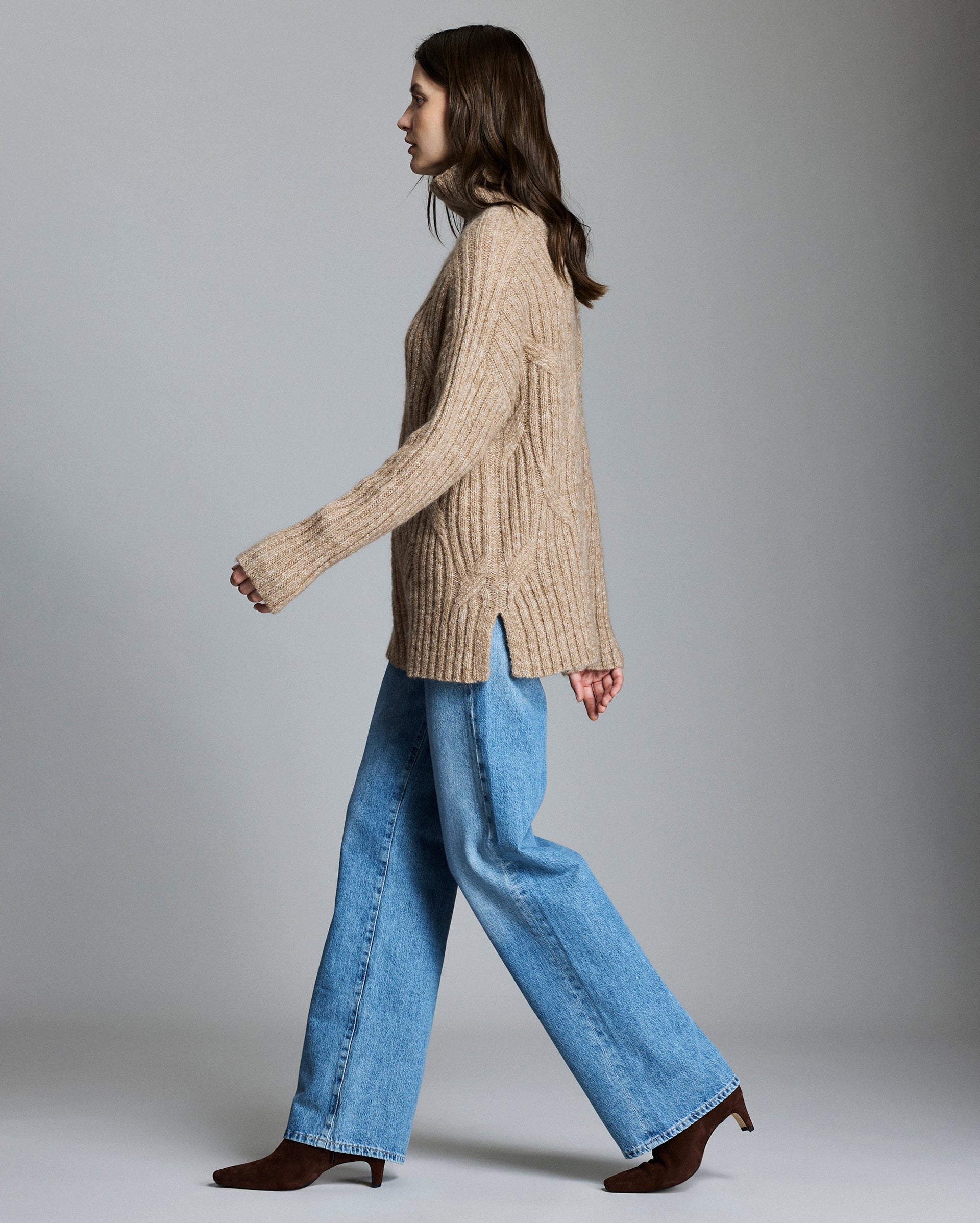 Rope Cable Funnel-Neck Sweater in Camel | Billy Reid
