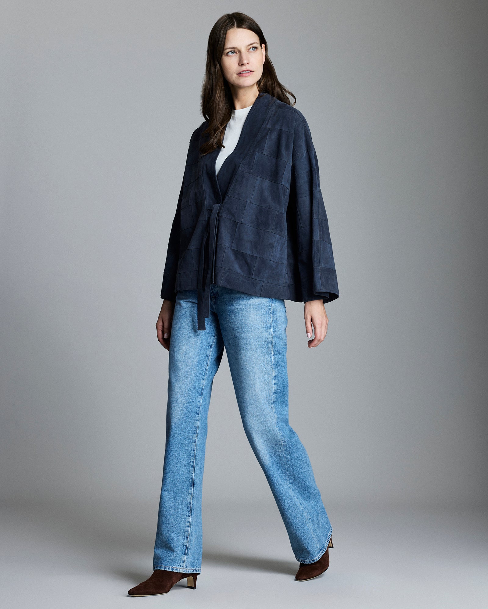 Woman wears the Garment Dyed Suede Jacket