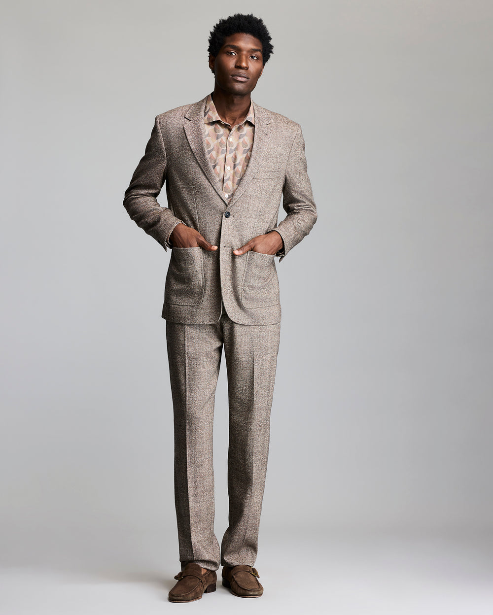 Model wears the wool silk walton jacket.