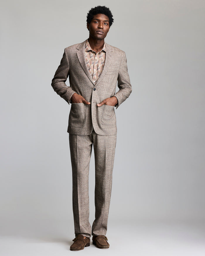 Model wears the wool silk walton jacket.
