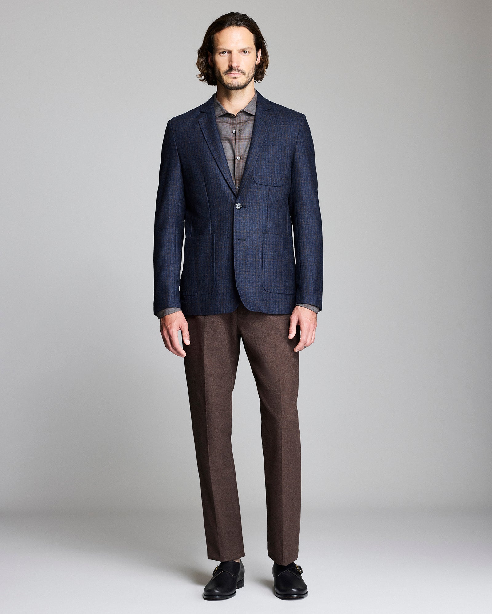 Model shows the fit of the Virgin Wool Plaid Archie Jacket