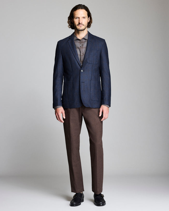 Model shows the fit of the Virgin Wool Plaid Archie Jacket