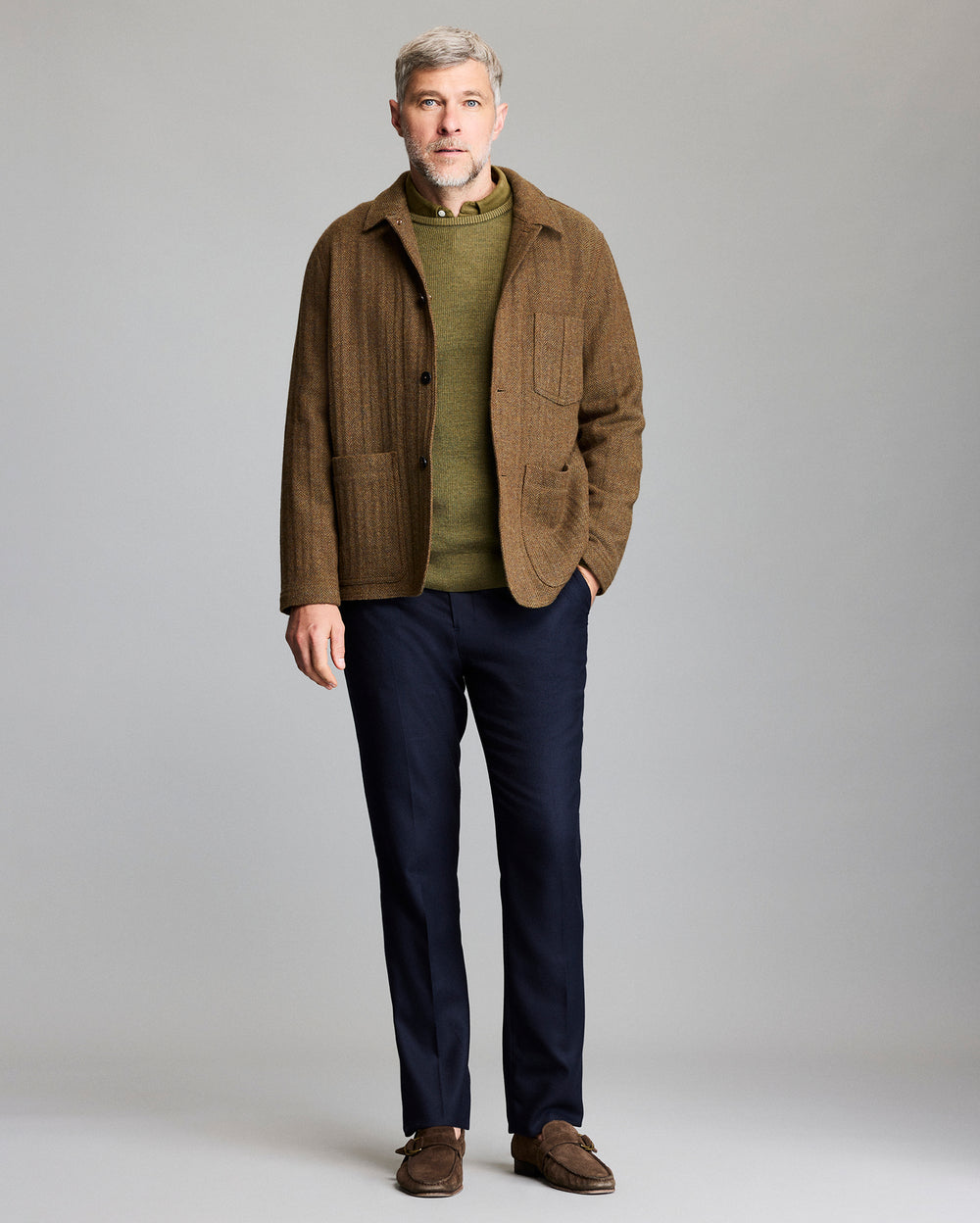 Model shows the fit of the Wool Herringbone Chore Coat.
