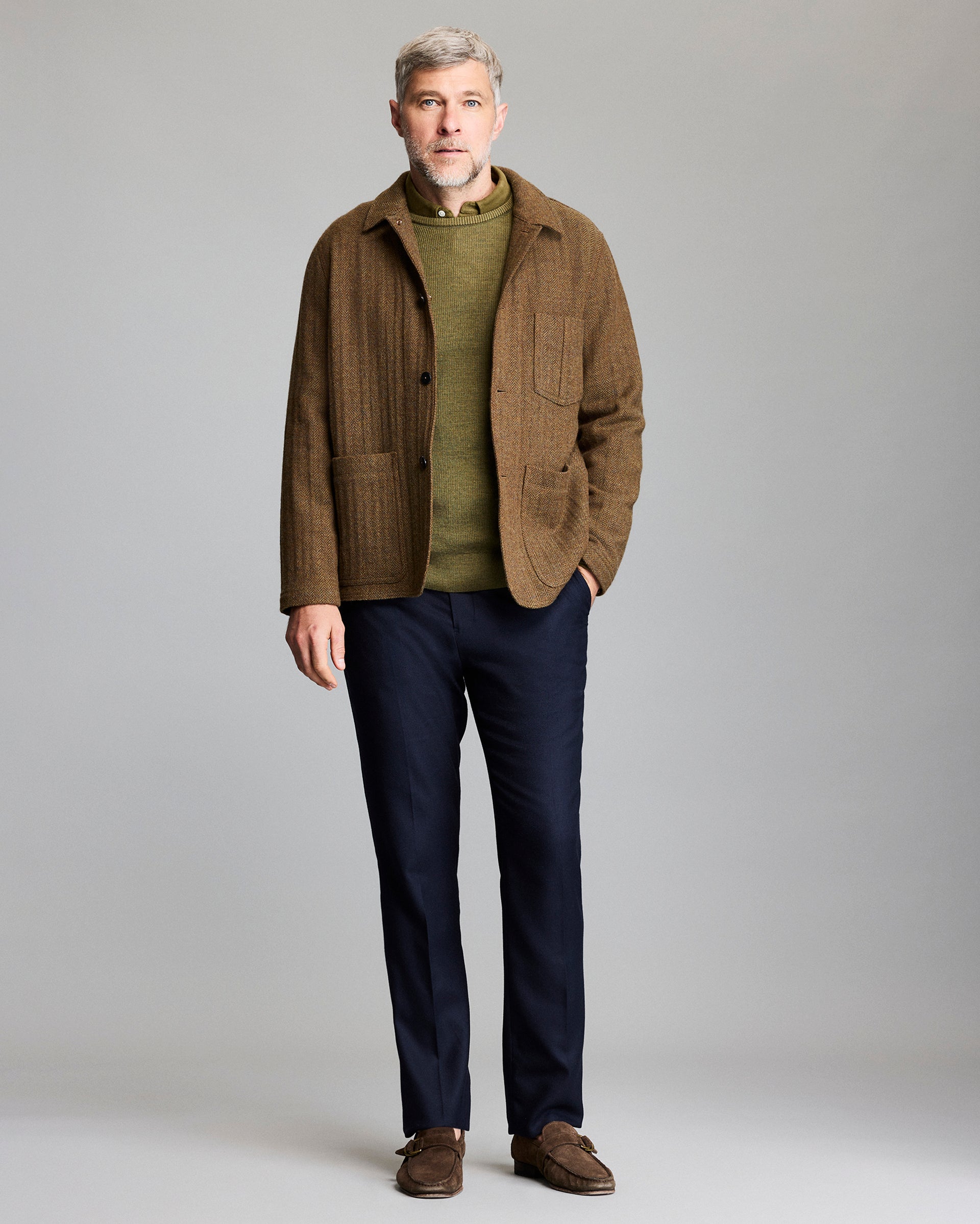 Model shows the fit of the Wool Herringbone Chore Coat.