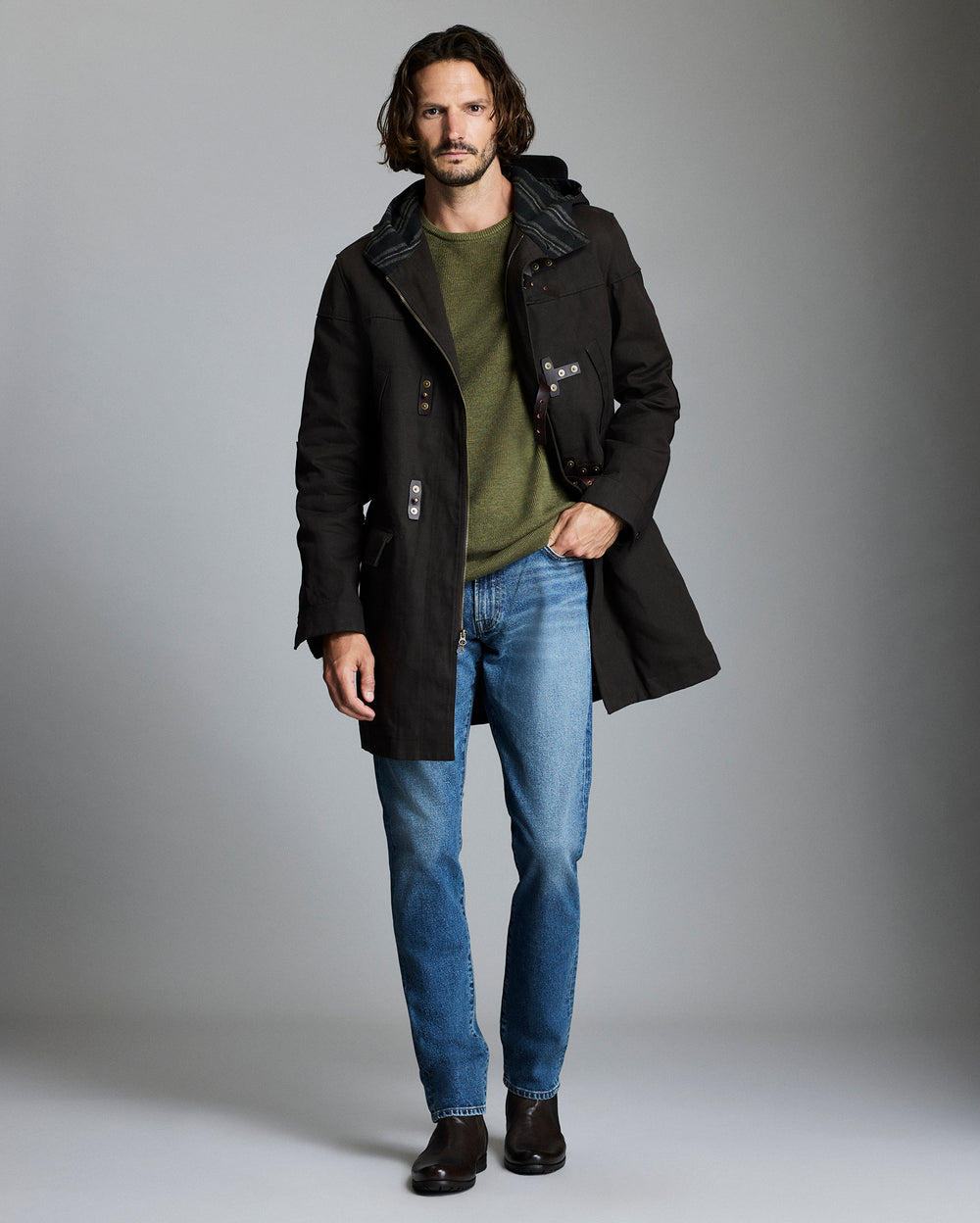 Model shows the Waxed Canvas Duffle Coat in Rustic Brown