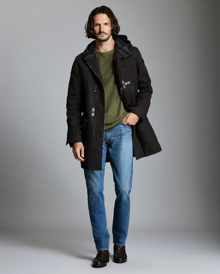 Model shows the Waxed Canvas Duffle Coat in Rustic Brown