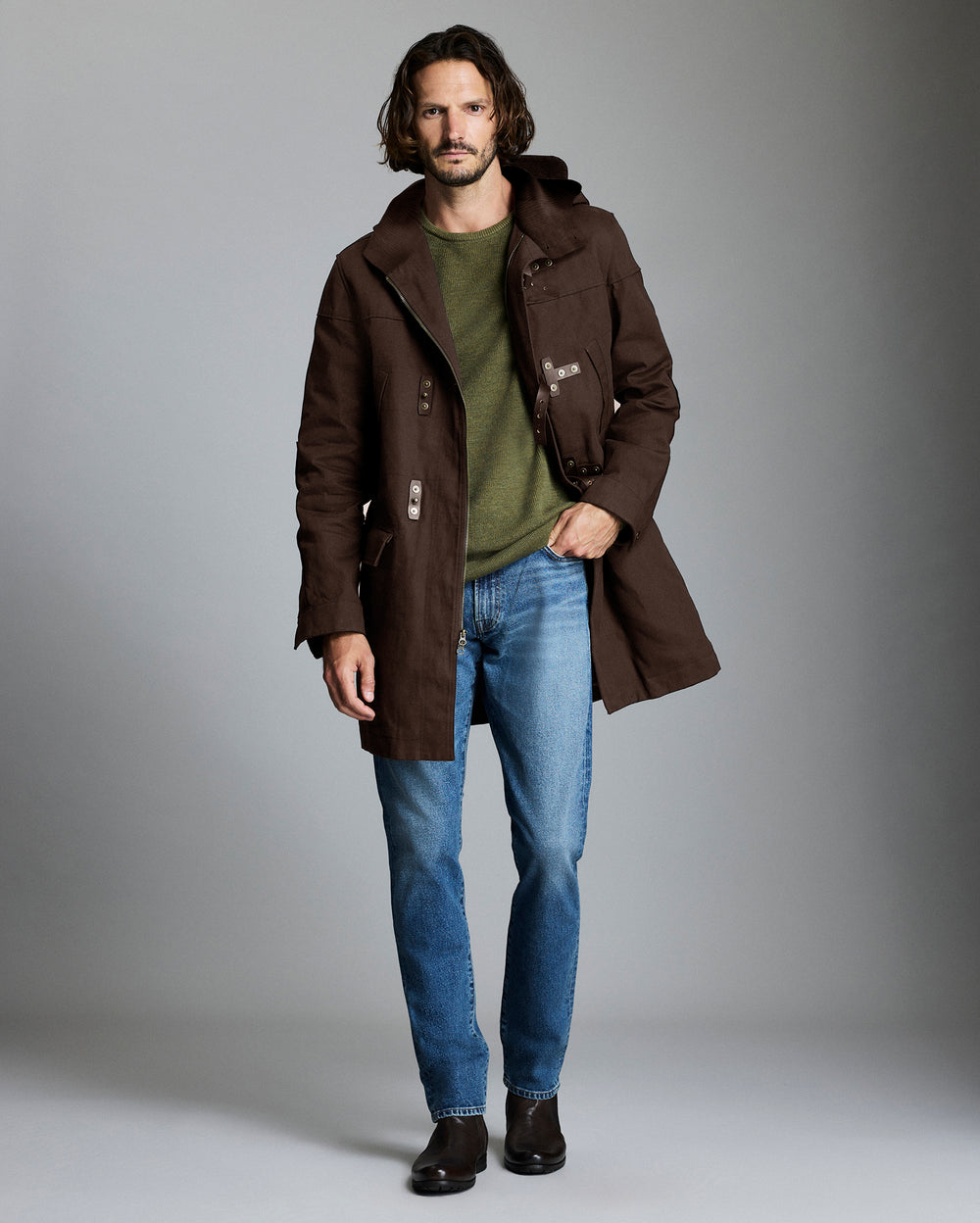 Model shows the fit of the Waxed Canvas Duffle Coat in Rustic Brown