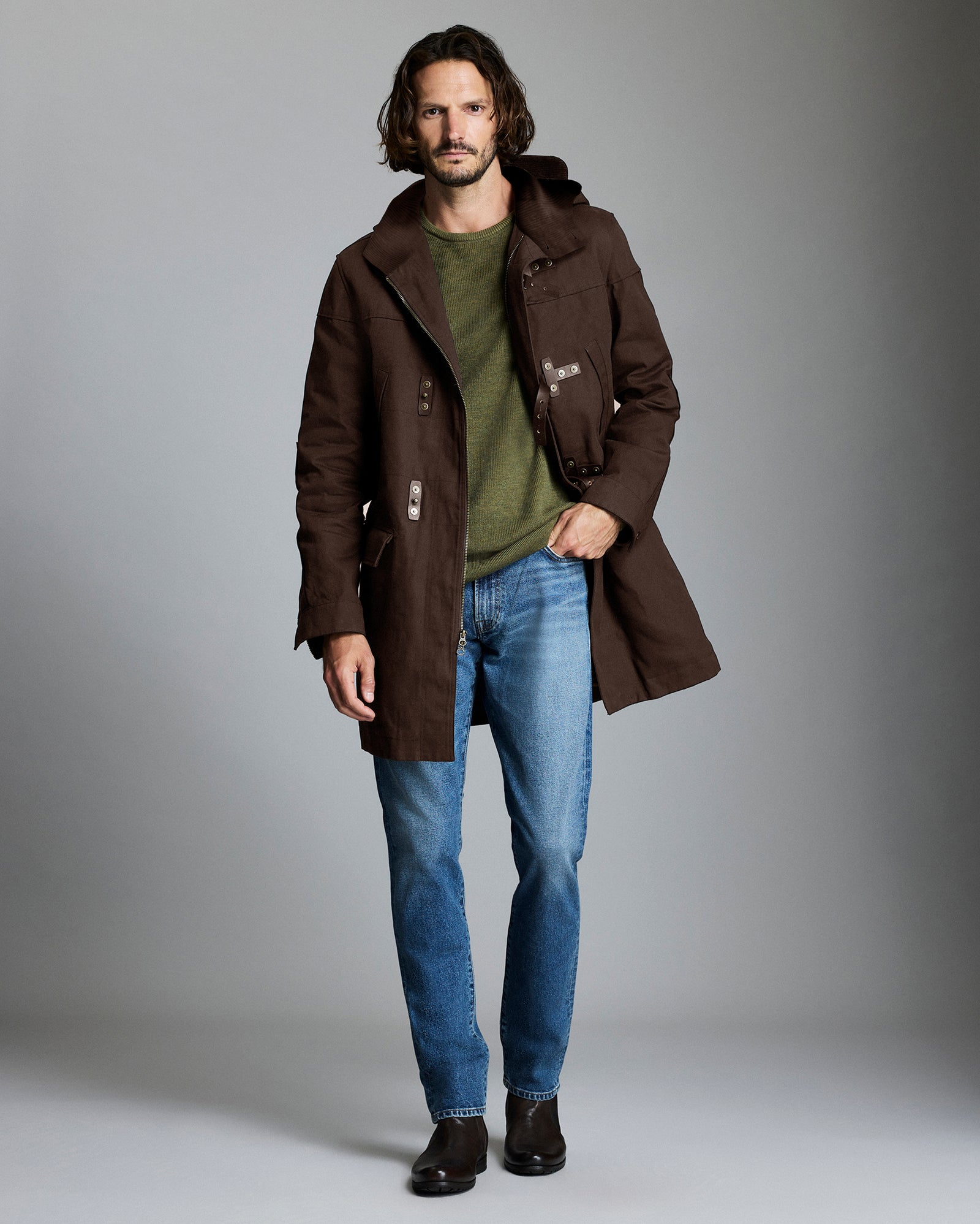 Model shows the fit of the Waxed Canvas Duffle Coat in Rustic Brown