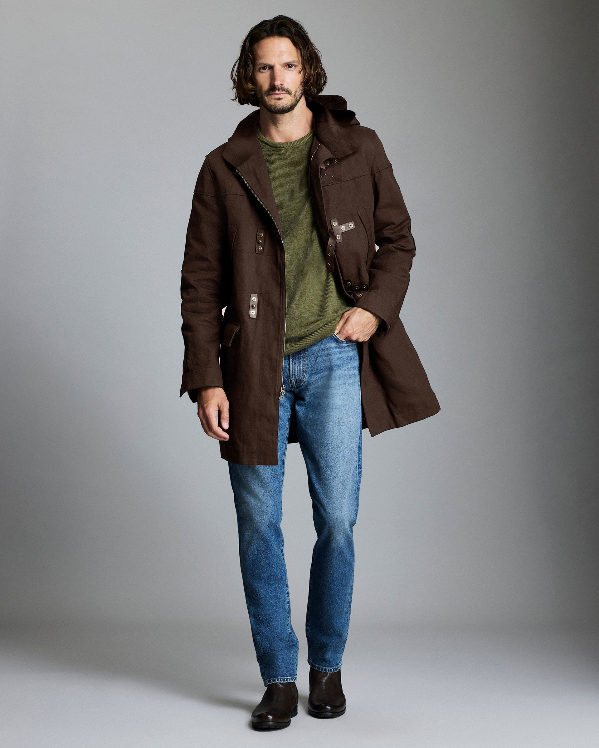 Model shows the fit of the Waxed Canvas Duffle Coat in Rustic Brown