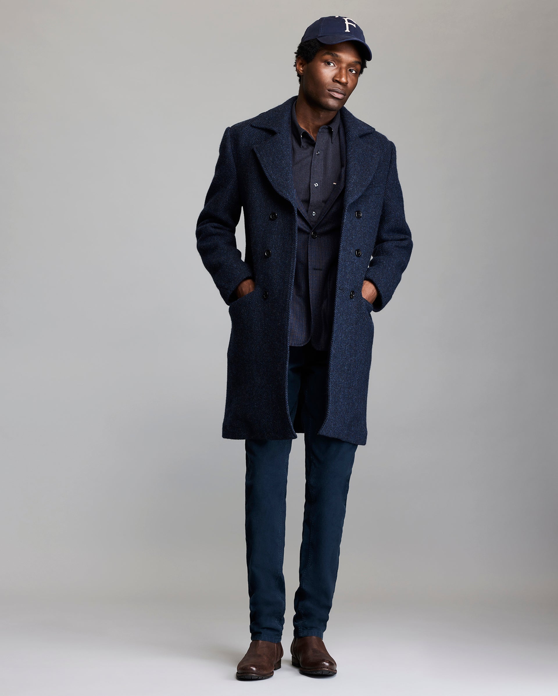 Model shows the Herringbone Bowery Coat