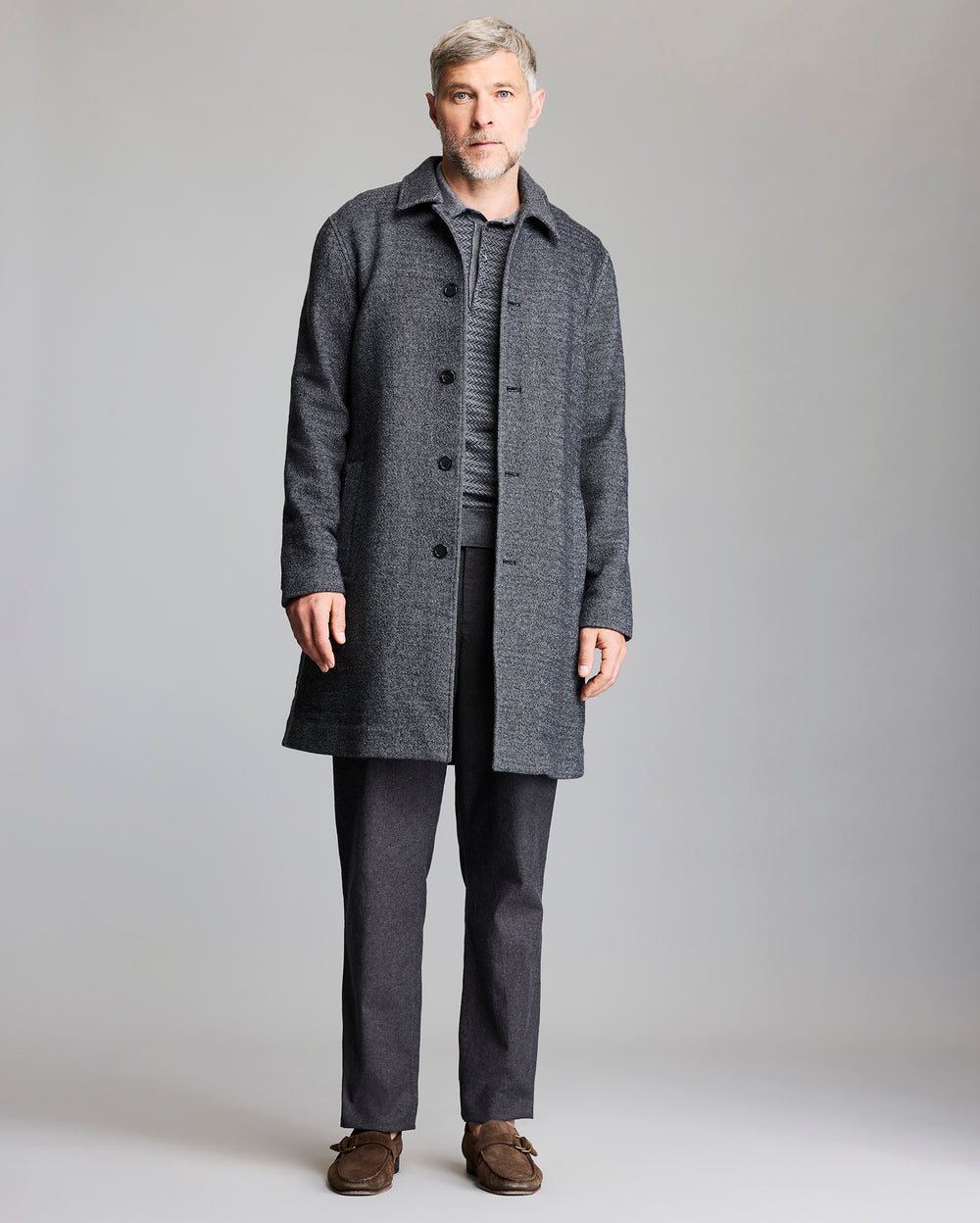 Model shows the fit of the Twill Ronan Over Coat