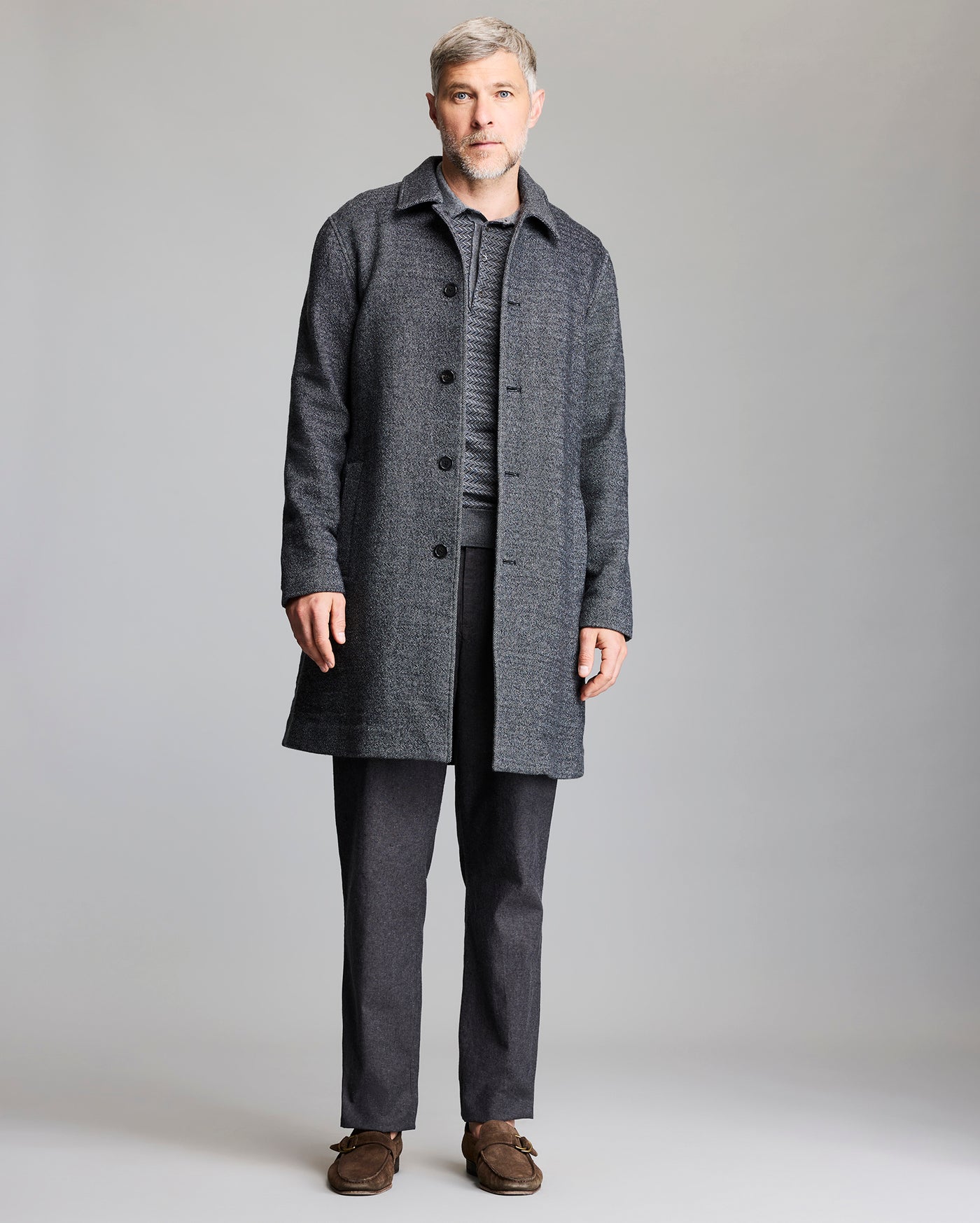 Model shows the fit of the Twill Ronan Over Coat