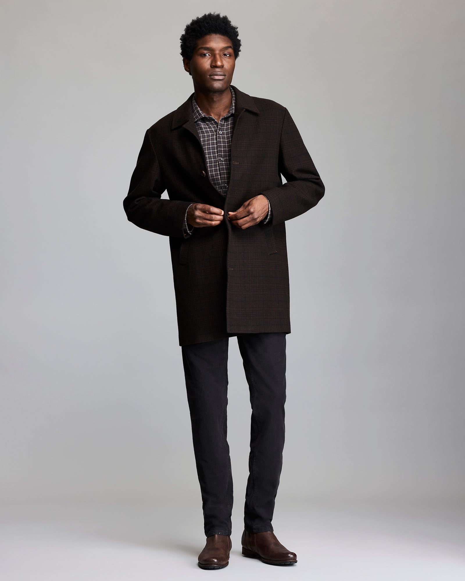PLAID COOPER OVERCOAT	BROWN MULTI