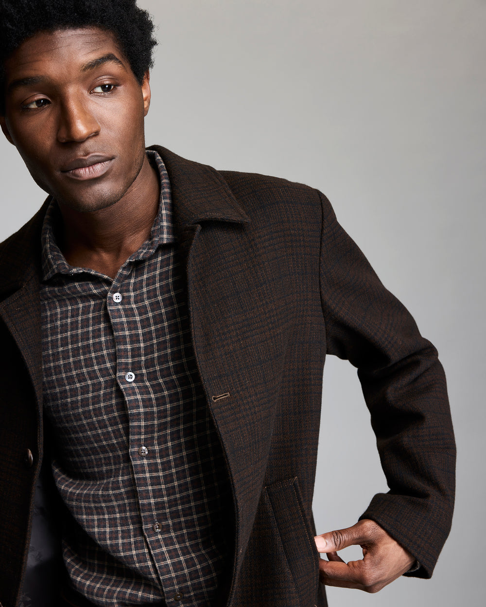 PLAID COOPER OVERCOAT	BROWN MULTI