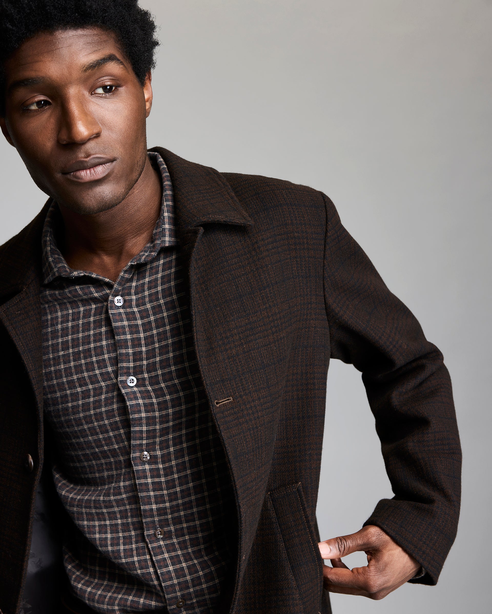 PLAID COOPER OVERCOAT	BROWN MULTI