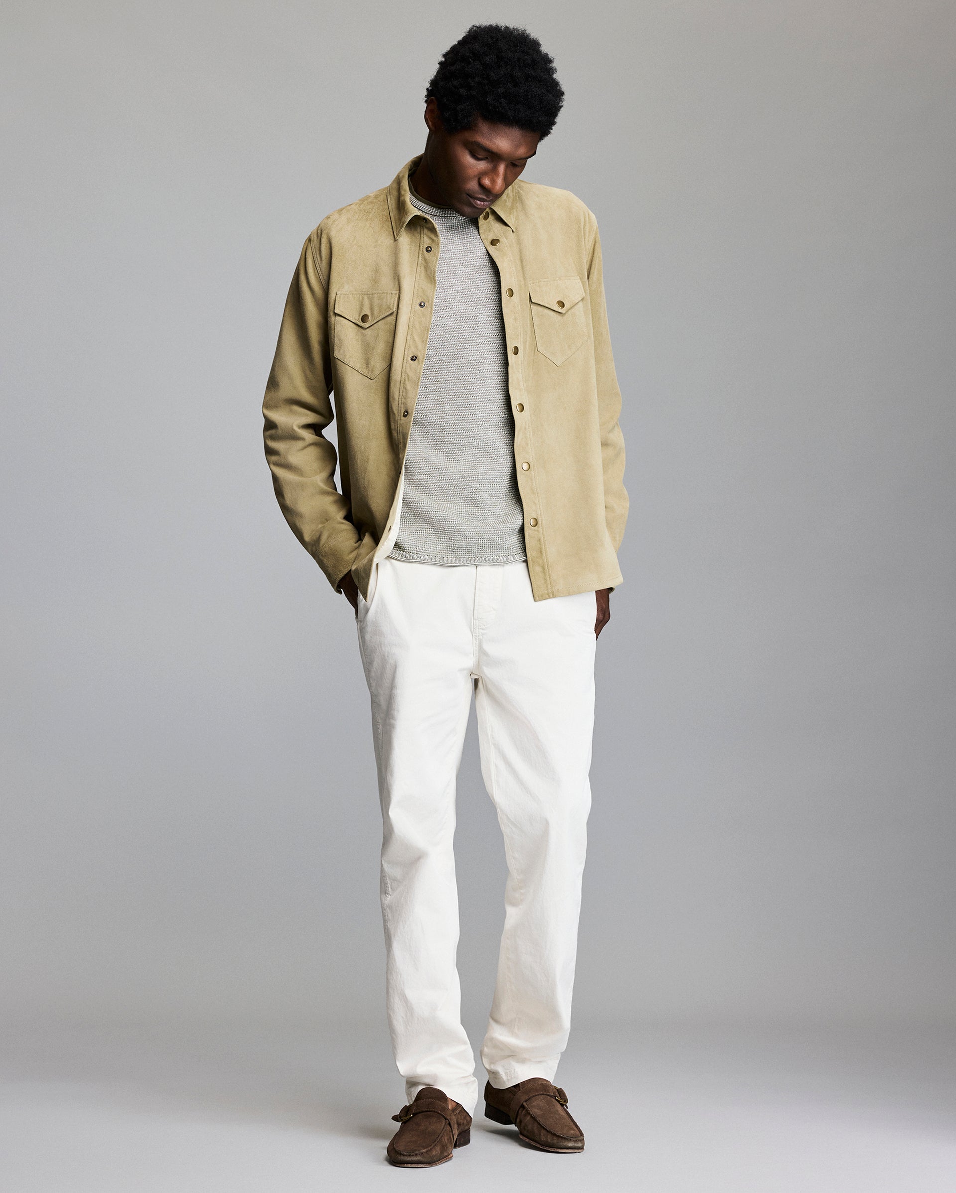 Savoy Suede Workshirt with Antique Brass Snaps | Billy Reid