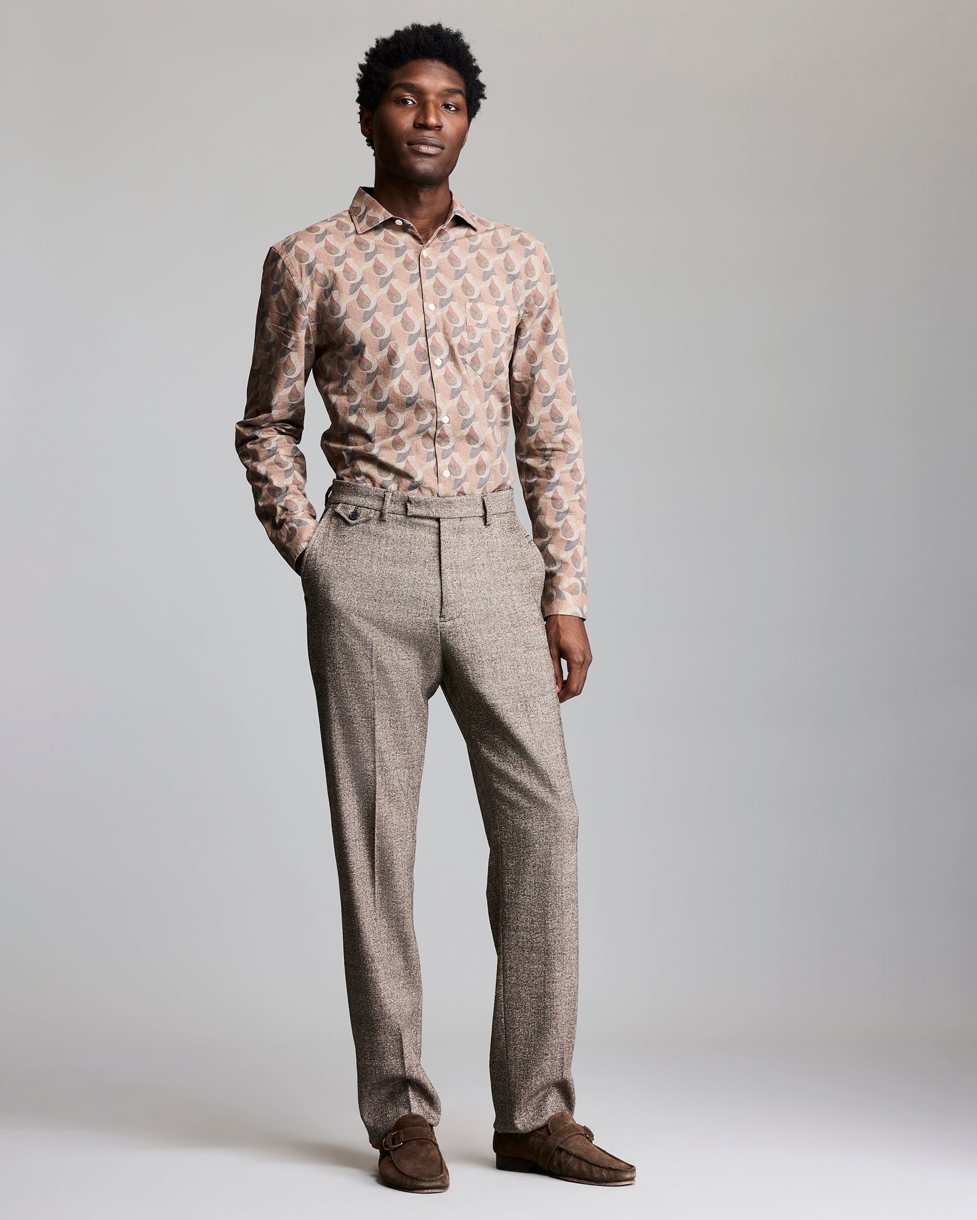 WOOL SILK FLAT FRONT TROUSER	BROWN/MULTI
