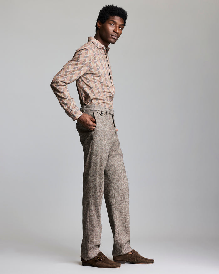 WOOL SILK FLAT FRONT TROUSER	BROWN/MULTI