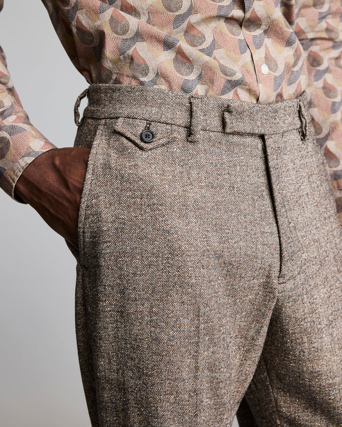 WOOL SILK FLAT FRONT TROUSER	BROWN/MULTI