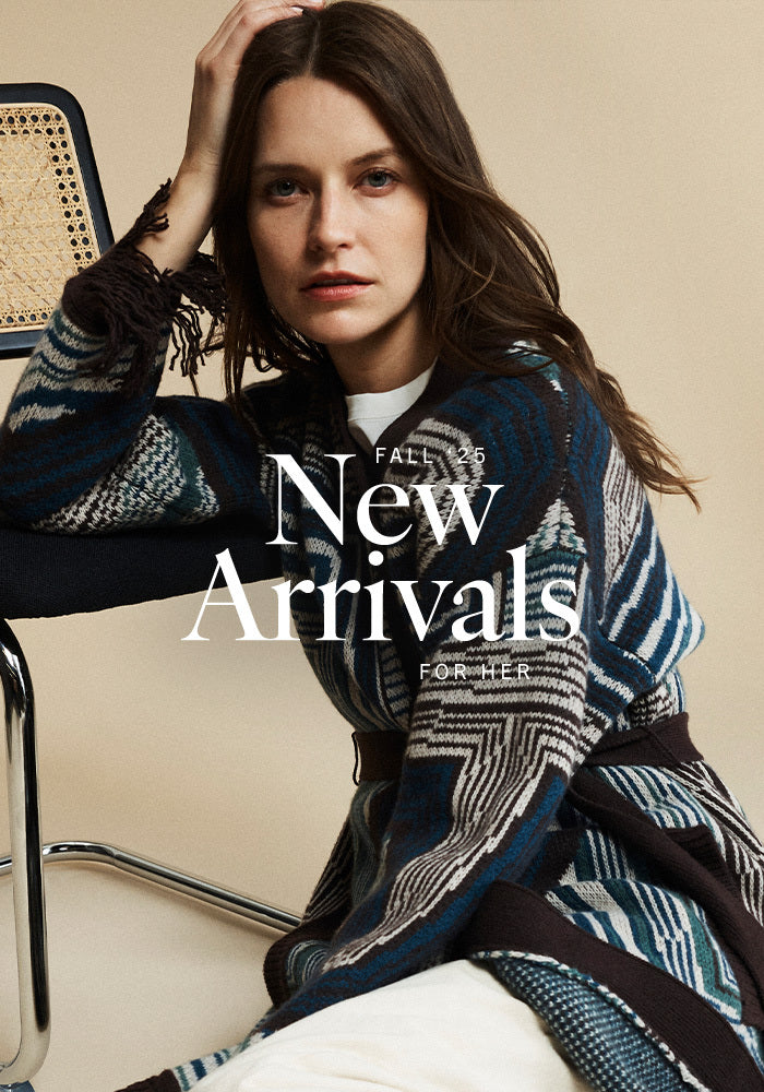 Woman wearing a patterned sweater with 'New Arrivals' text overlay on a beige background