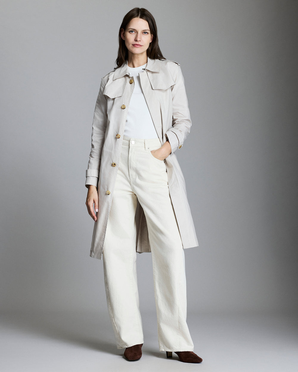 Model wears the Spring Trench