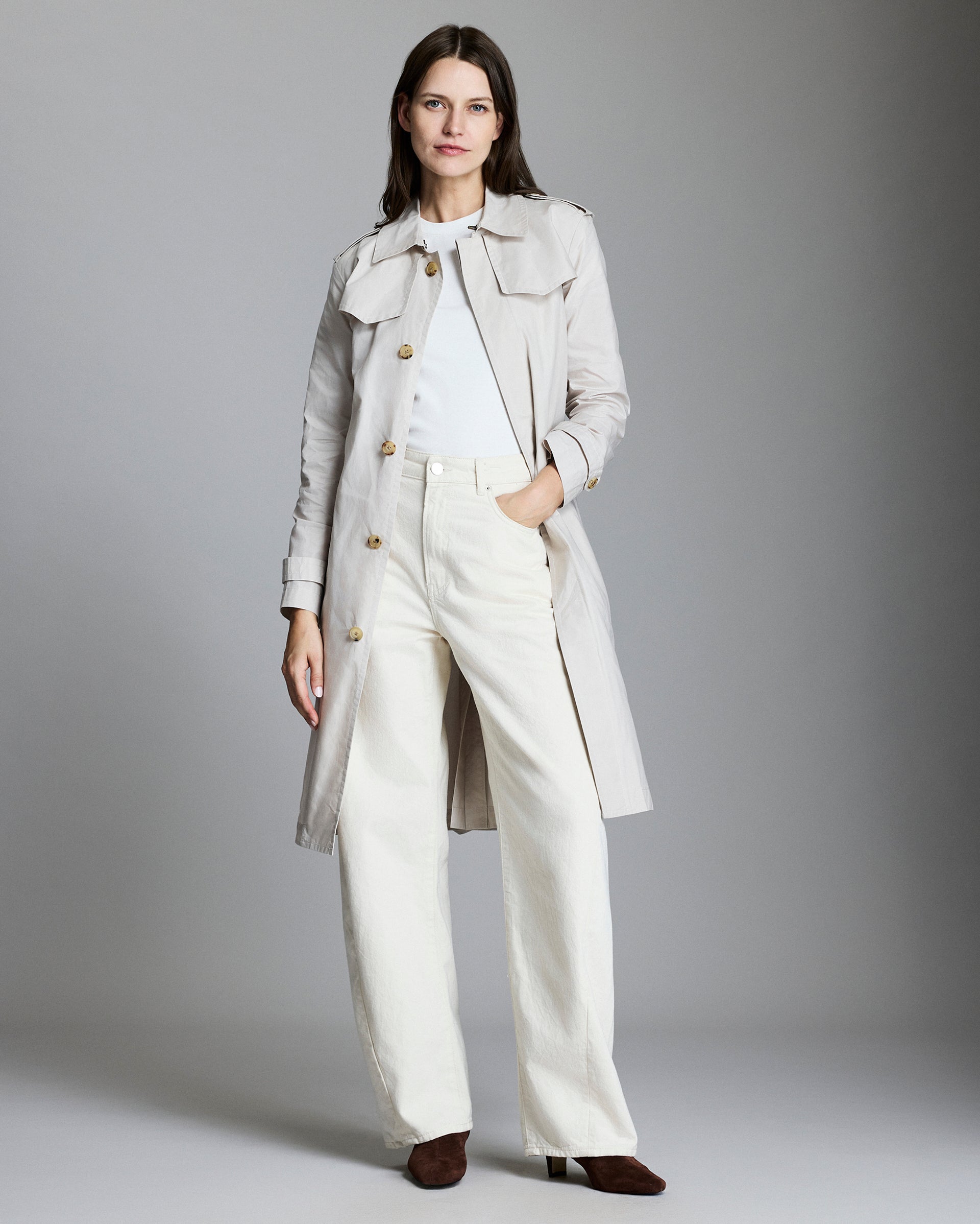 Model wears the Spring Trench