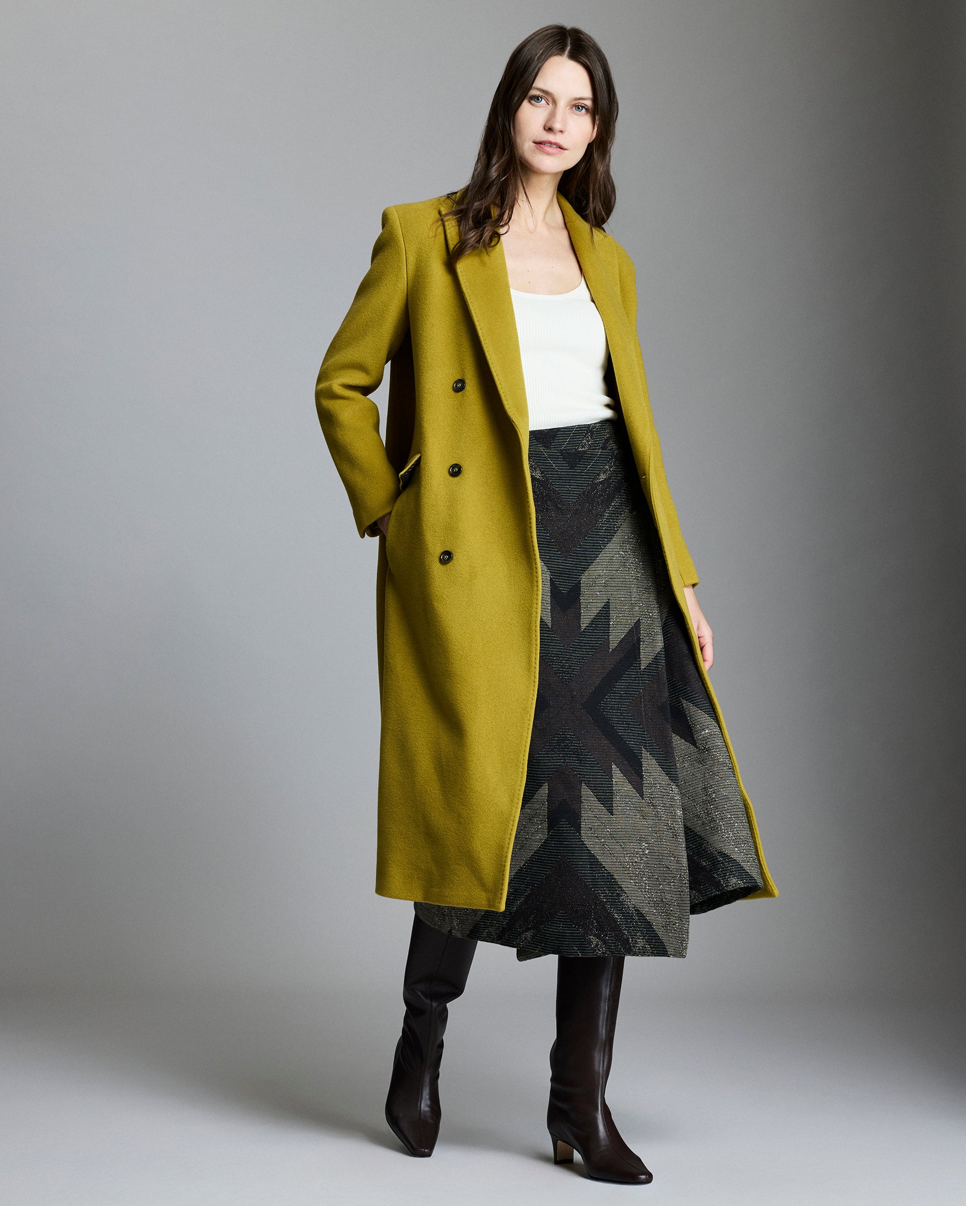 Wool Double Breasted Peak Lapel Coat