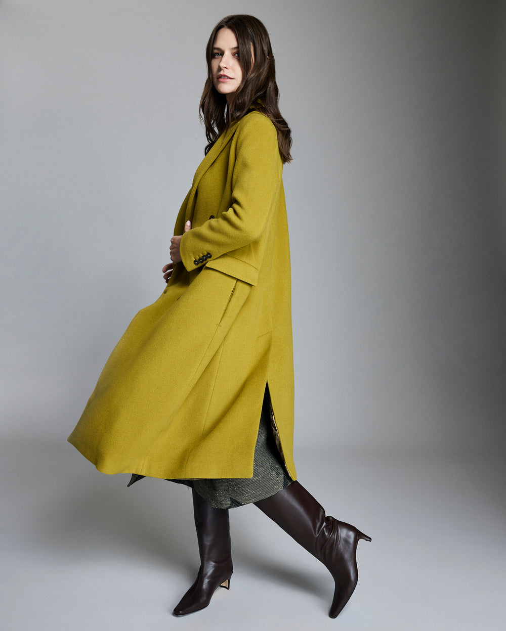 Wool Double Breasted Peak Lapel Coat