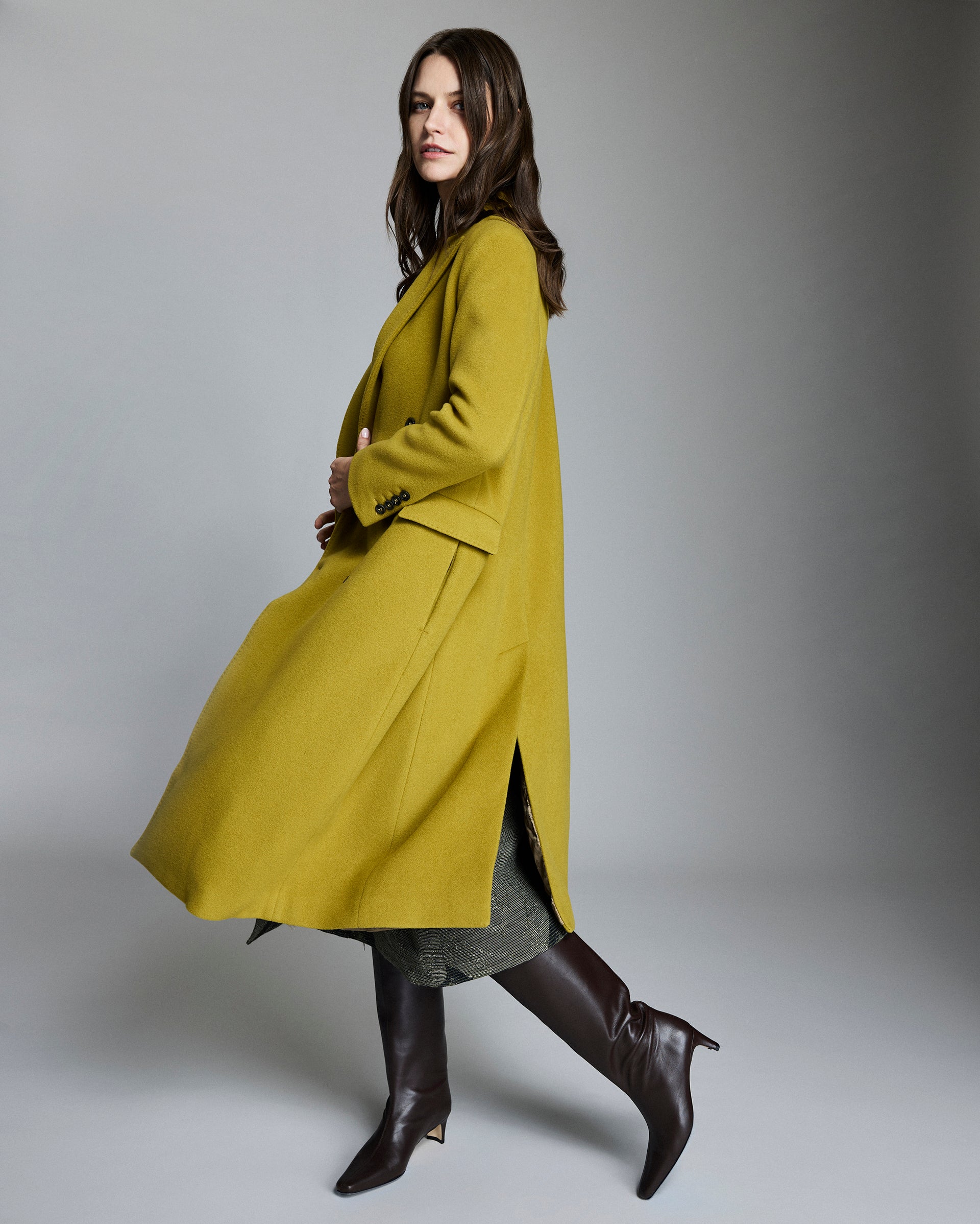Wool Double Breasted Peak Lapel Coat