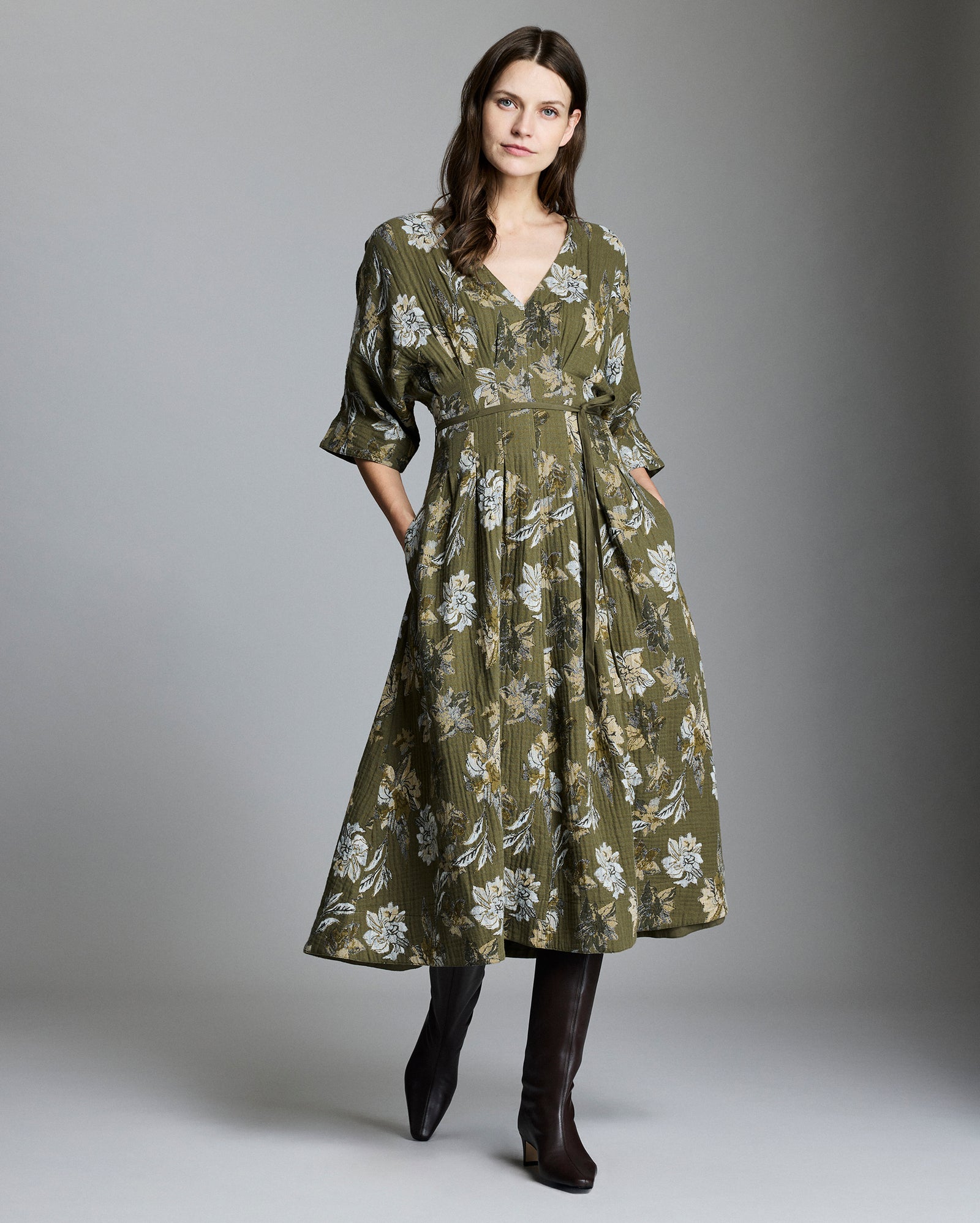 Peony Jacquard Waist Pleat Dress, Cotton Midi | Billy Reid Peony Jacquard Waist Pleat Dress, Cotton Midi | Billy Reid
