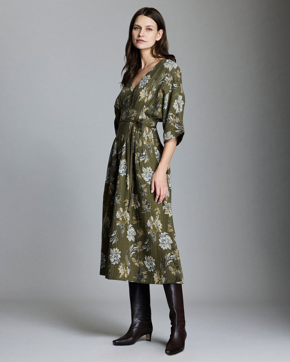 Peony Jacquard Waist Pleat Dress