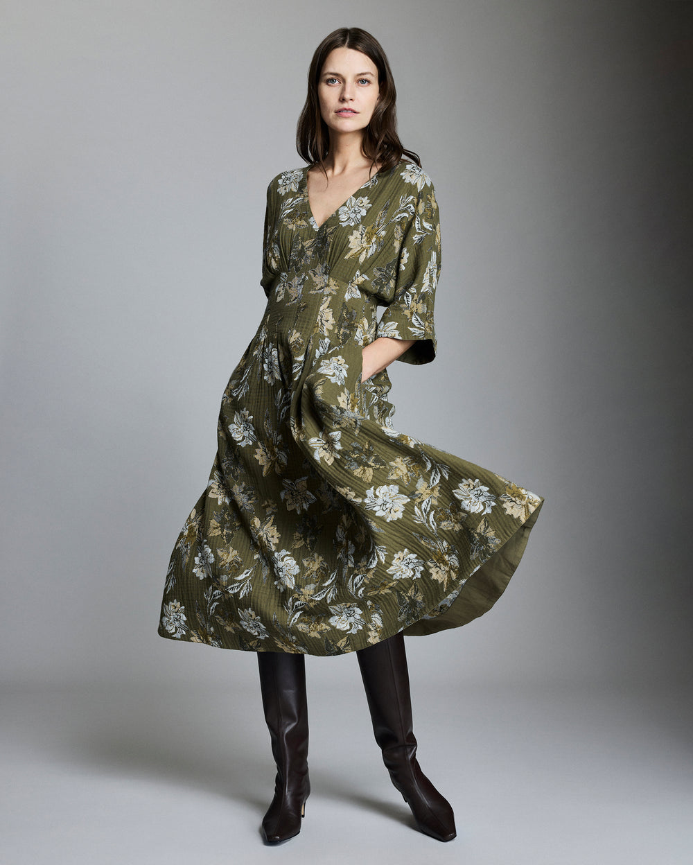 Peony Jacquard Waist Pleat Dress