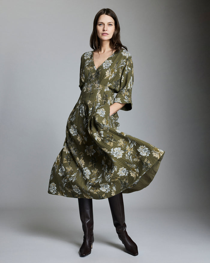 Peony Jacquard Waist Pleat Dress