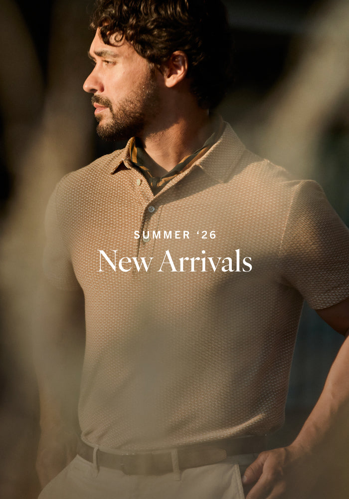 Model wears a Billy Reid polo. Text overlay reads: Summer '26 - New Arrivals