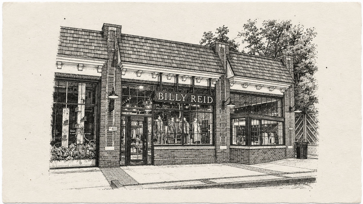 A black and white architectural illustration of a storefront building with the sign 'BILLY REID' above the entrance and large display windows.