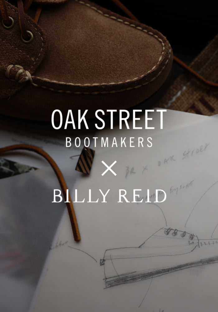 Shoes with the design mock-up in the background. A title overlay reads Oak Street Bootmakers x Billy Reid