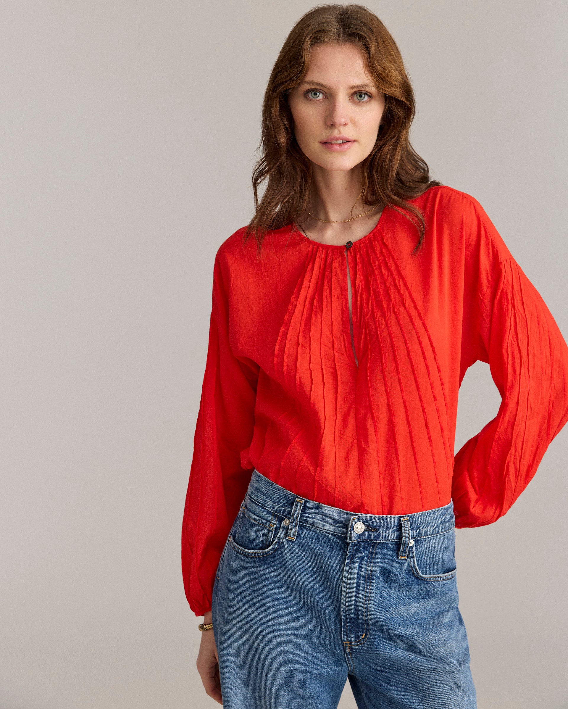 100% Cotton Pintuck Blouse with Balloon Sleeves | Billy Reid