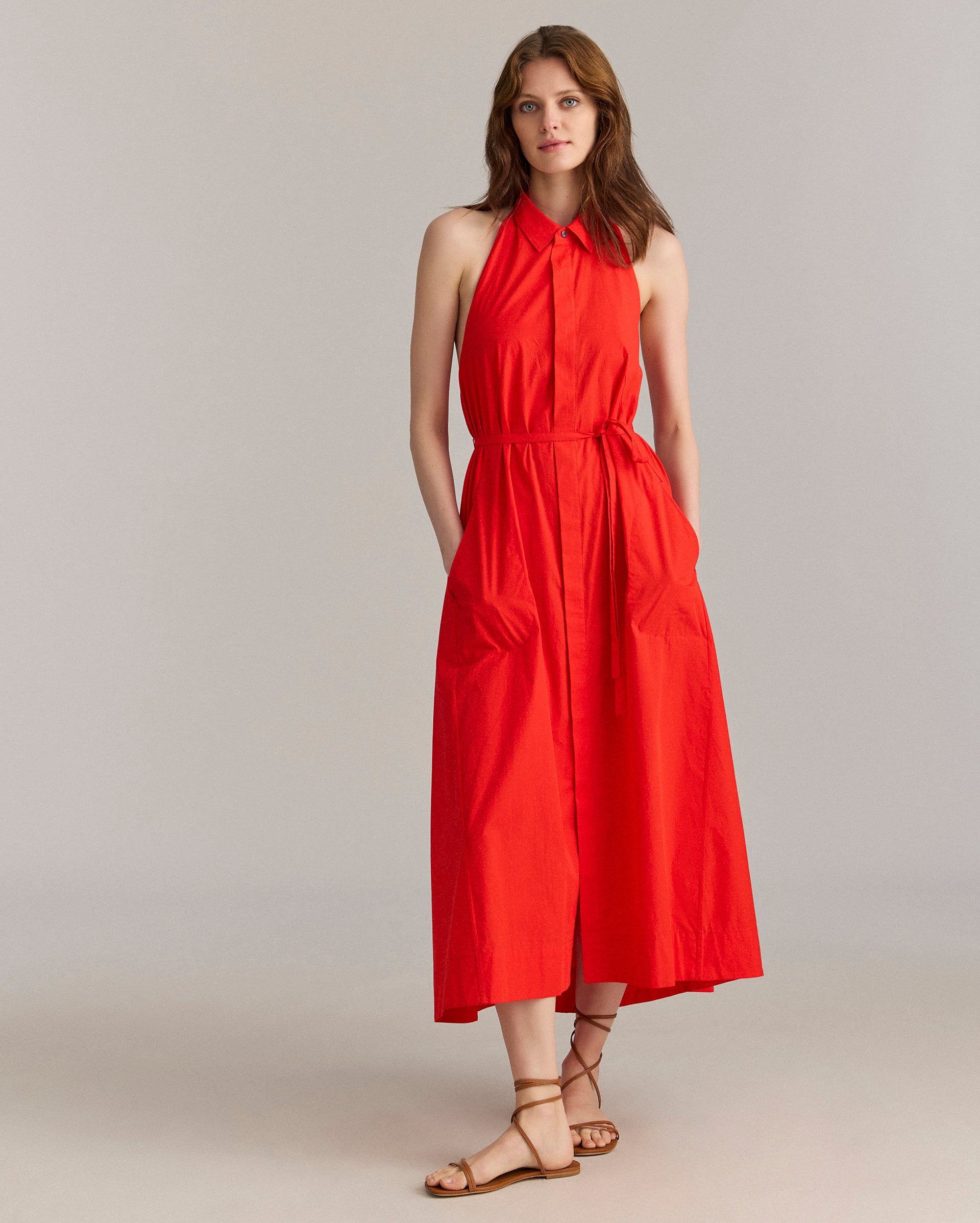 Flame Poplin Halterneck Dress with Pockets | Billy Reid
