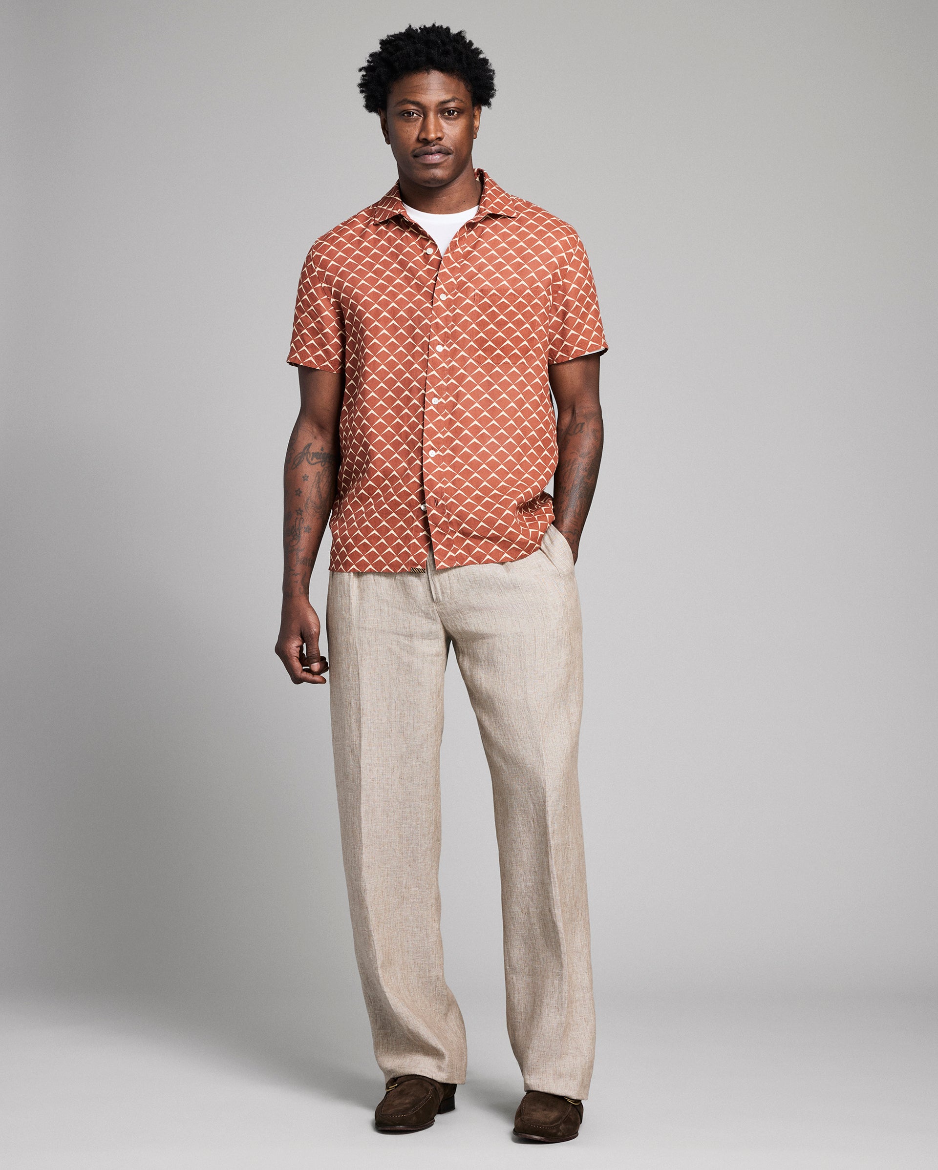 新品　PP* closet　LITTLE BARISTA SHIRT Short Sleeve Pagoda Tile Linen Treme Shirt – Billy Reid