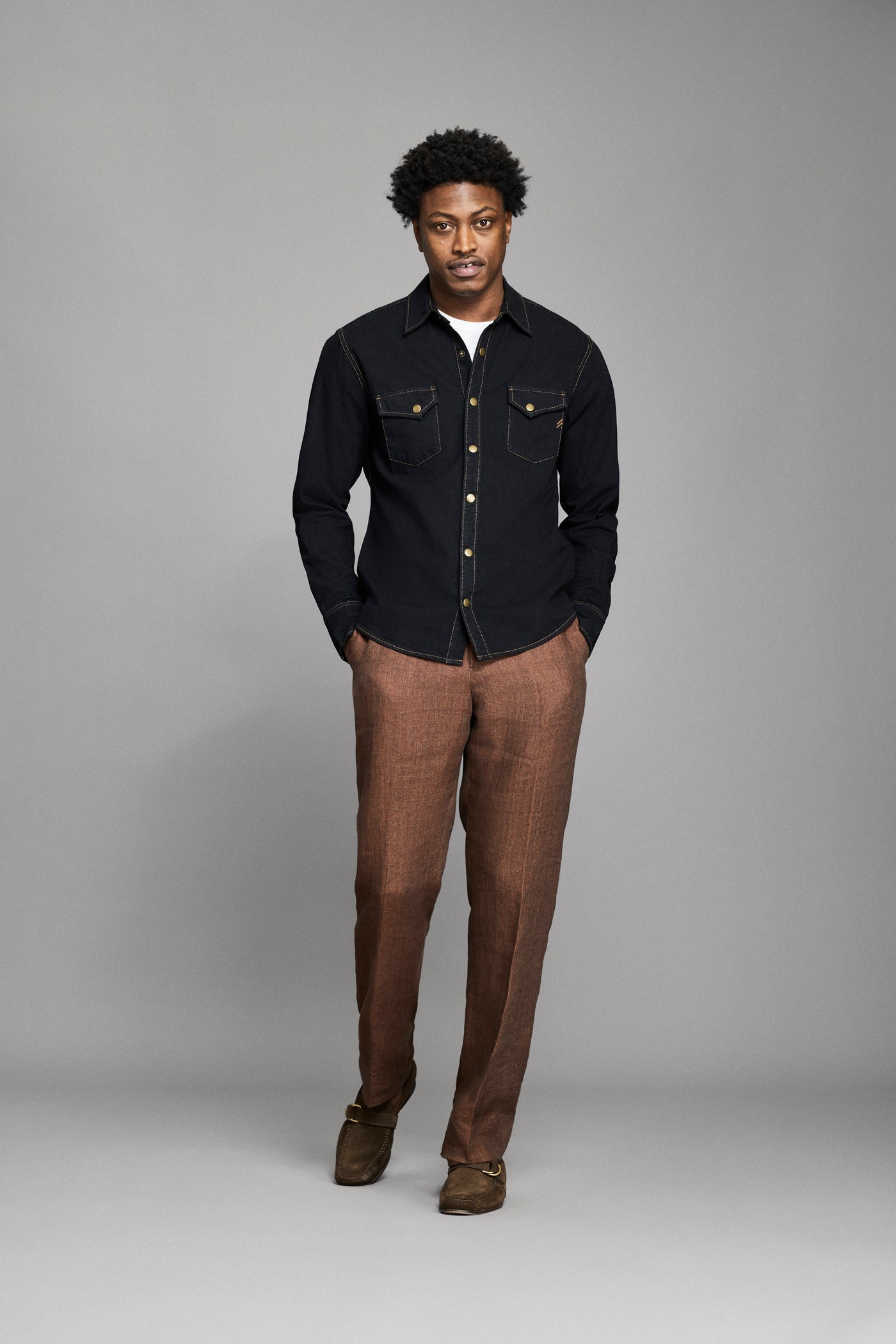 Shoals Slim Fit Denim Shirt with Brass Snaps