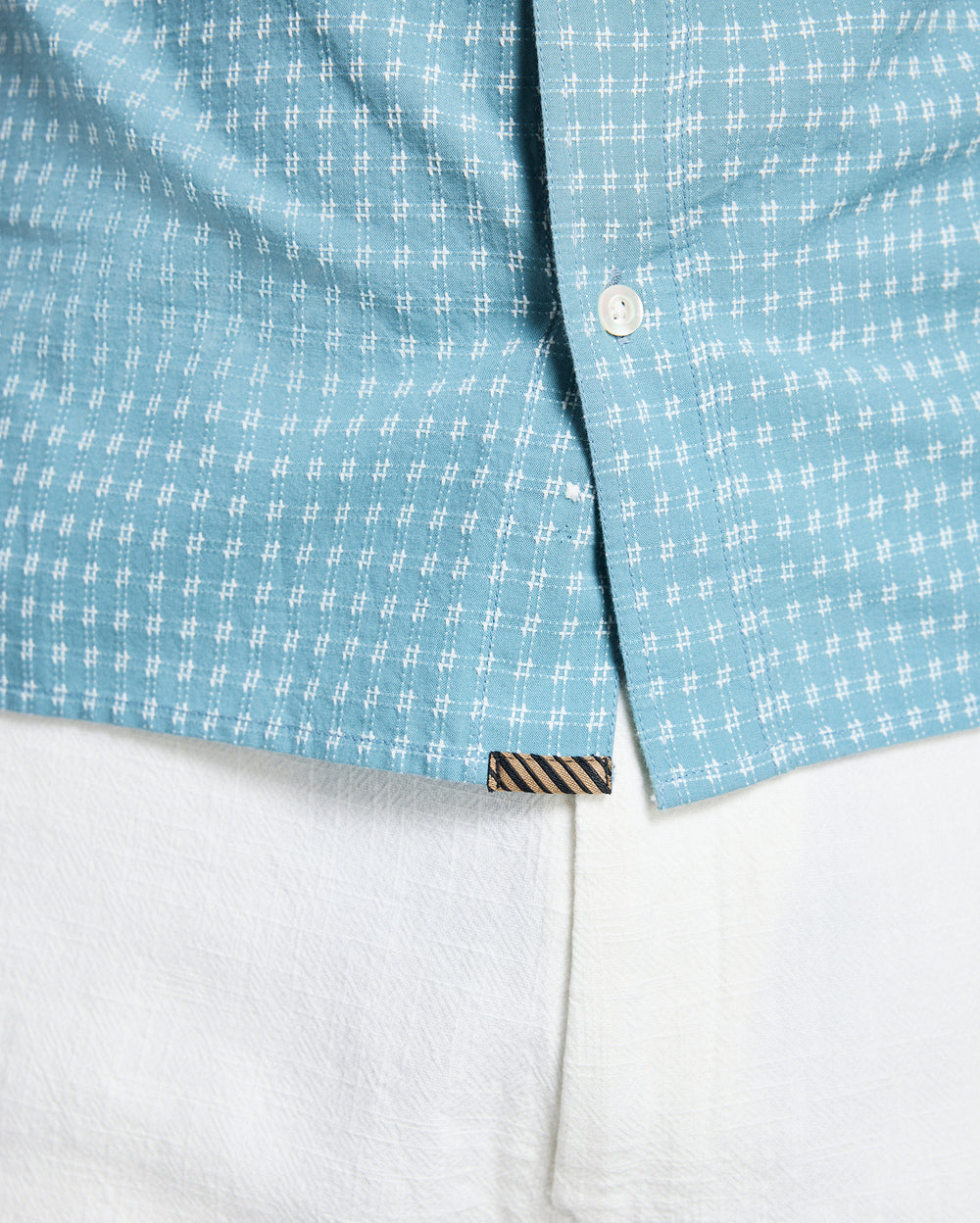 Close-up of a blue checkered shirt with a white collar and button.