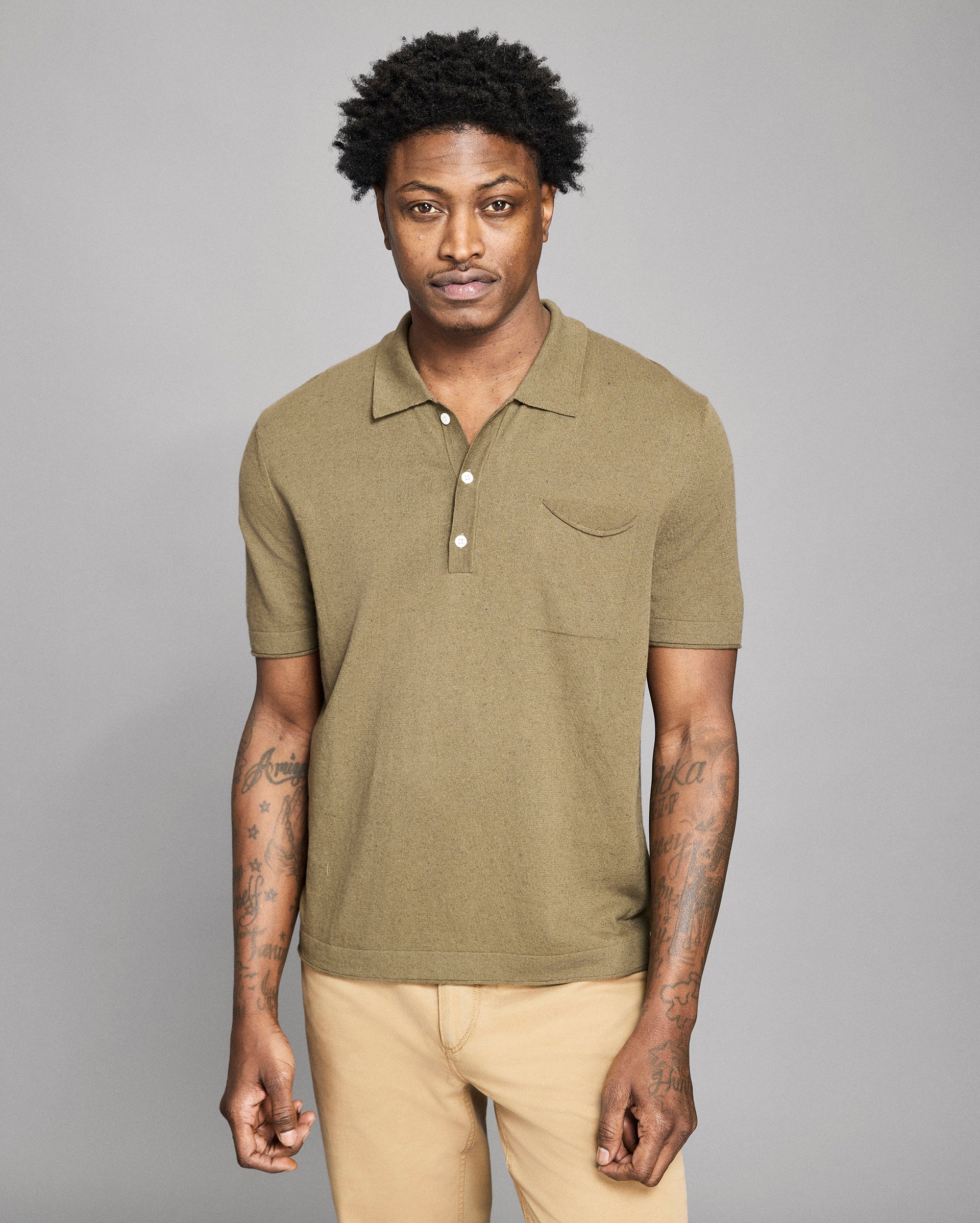 トップス afellini Wool Knit Polo Shirt Khaki Cotton Linen Sweater Polo – Billy Reid