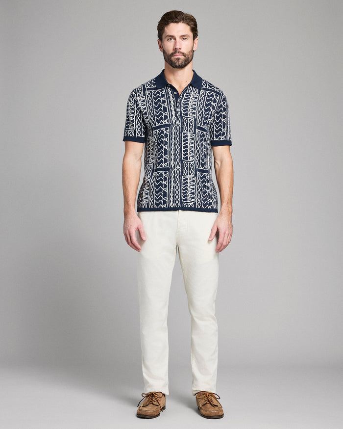 Billy Reid Geo Stitch Sweater Polo, Carbon Blue/tinted White Billy Reid Geo Stitch Sweater Polo, Carbon Blue/tinted White