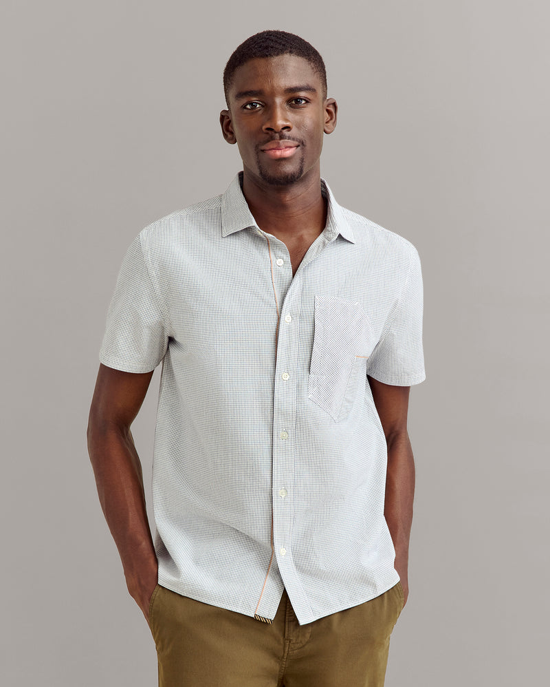 Billy Reid SHORT SLEEVE SELVEDGE WORK SHIRT	WHITE/CARBON BLUE