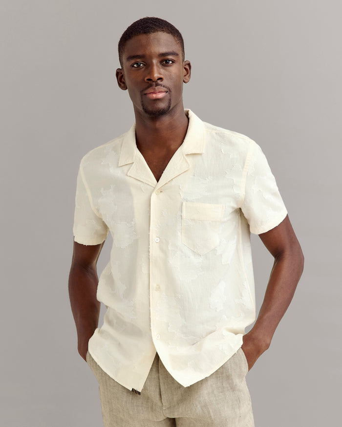 Model wears the Floral Jacquard Shirt in White