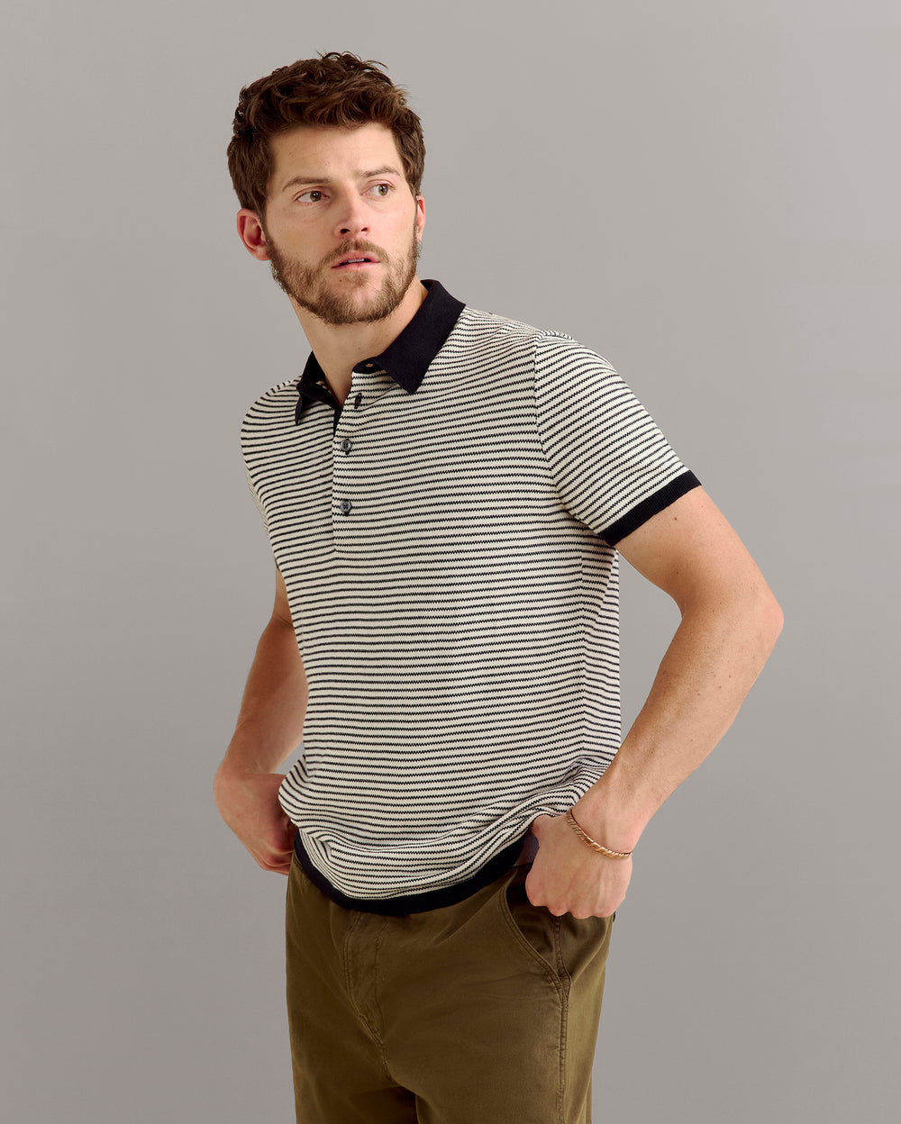 Stripe Sweater Polo in Tinted White/Black